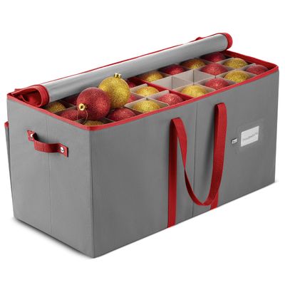 ZOBER Large Christmas Ornament Storage Box - Stores 128 3" Ornaments, With Dividers - Ornament Organizer Storage Box, Durable Christmas Containers Holder - Extra Pockets, Dual Zipper - Gray
