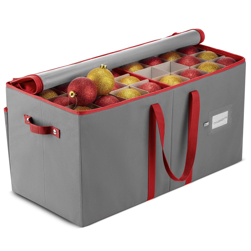 ZOBER Large Christmas Ornament Storage Box - Stores 128 3" Ornaments, With Dividers - Ornament Organizer Storage Box, Durable Christmas Containers Holder - Extra Pockets, Dual Zipper - Gray