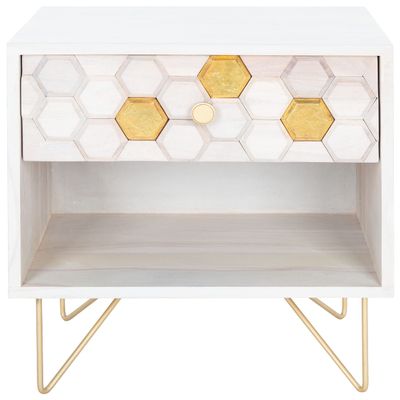 SAFAVIEH Home Collection Raveena White Wash and Brass 1-Drawer Hairpin Leg Nightstand