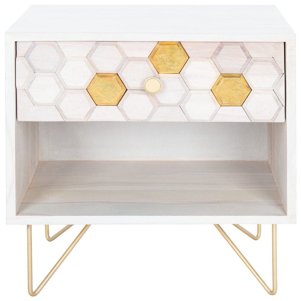 SAFAVIEH Home Collection Raveena White Wash and Brass 1-Drawer Hairpin Leg Nightstand