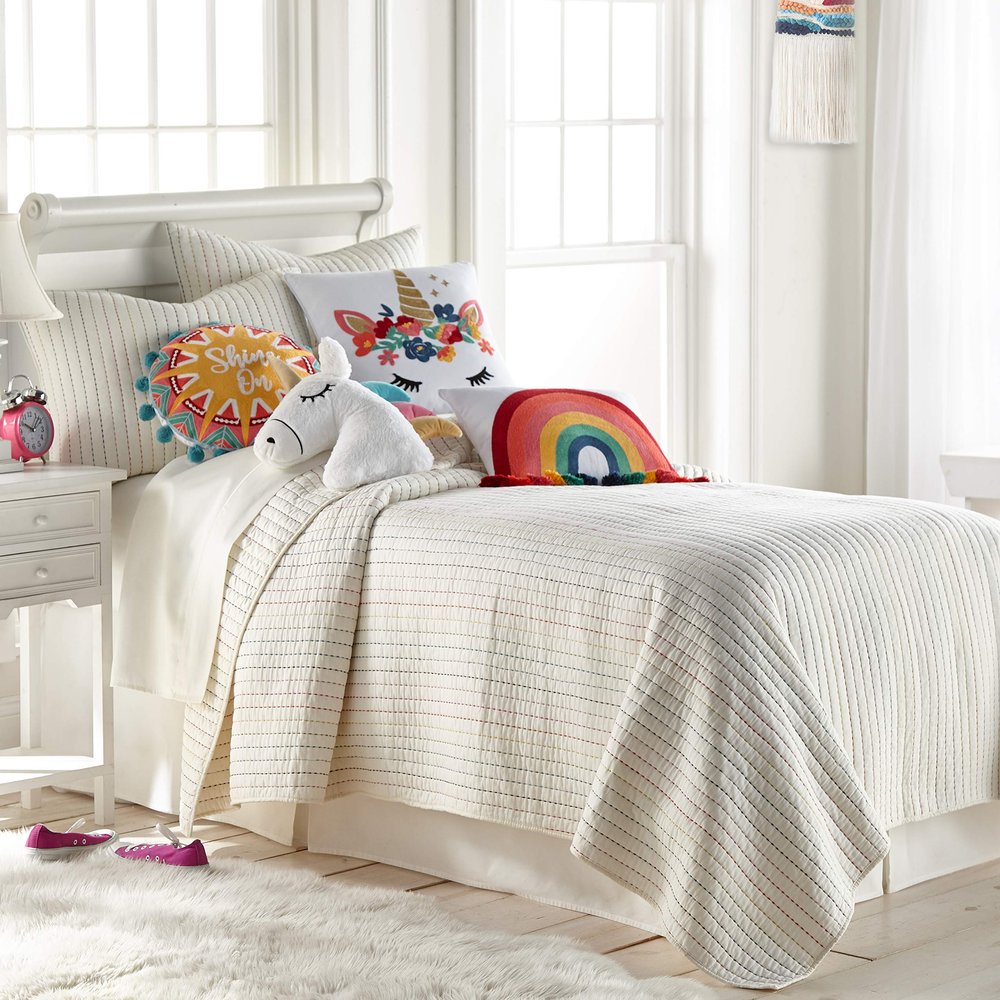 Levtex Home - Chantal Quilt Set - Full/Queen Quilt (88x92in) + Two Standard Shams (26x20in) - Stripe fun in Red, Magenta, Pink, Green, Blue, Yellow and Off White/Cream background - Reversible - Cotton