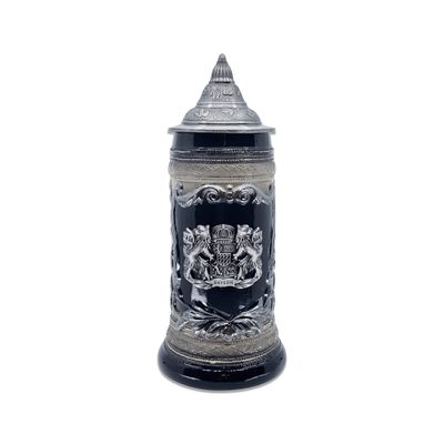 1 Liter | OktoberfestHaus Beer Stein Mug German Bayern Lion Coat Of Arms Bier Krug with Metal Emblem On Charcoal Black Ceramic Tankard Stein With Lid Oktoberfest Beer Mug