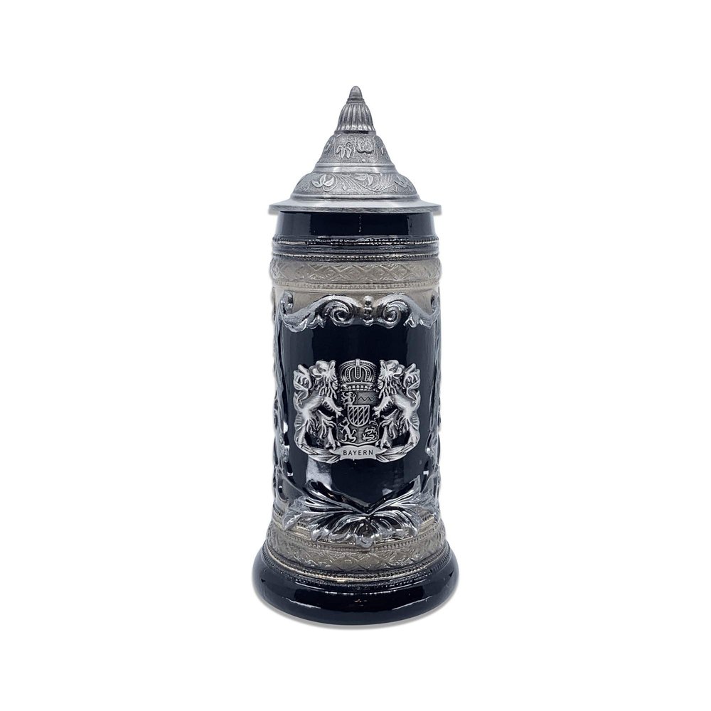 1 Liter | OktoberfestHaus Beer Stein Mug German Bayern Lion Coat Of Arms Bier Krug with Metal Emblem On Charcoal Black Ceramic Tankard Stein With Lid Oktoberfest Beer Mug