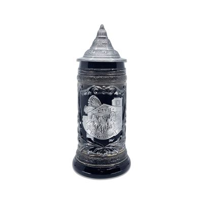 1 Liter | OktoberfestHaus Beer Stein Bier Krug Charcoal Black Ceramic Stein With Metal Medallion Of German Draft Horses and Wagon With Metal Lid Oktoberfest Souvenir and Oktoberfest Beer Mug