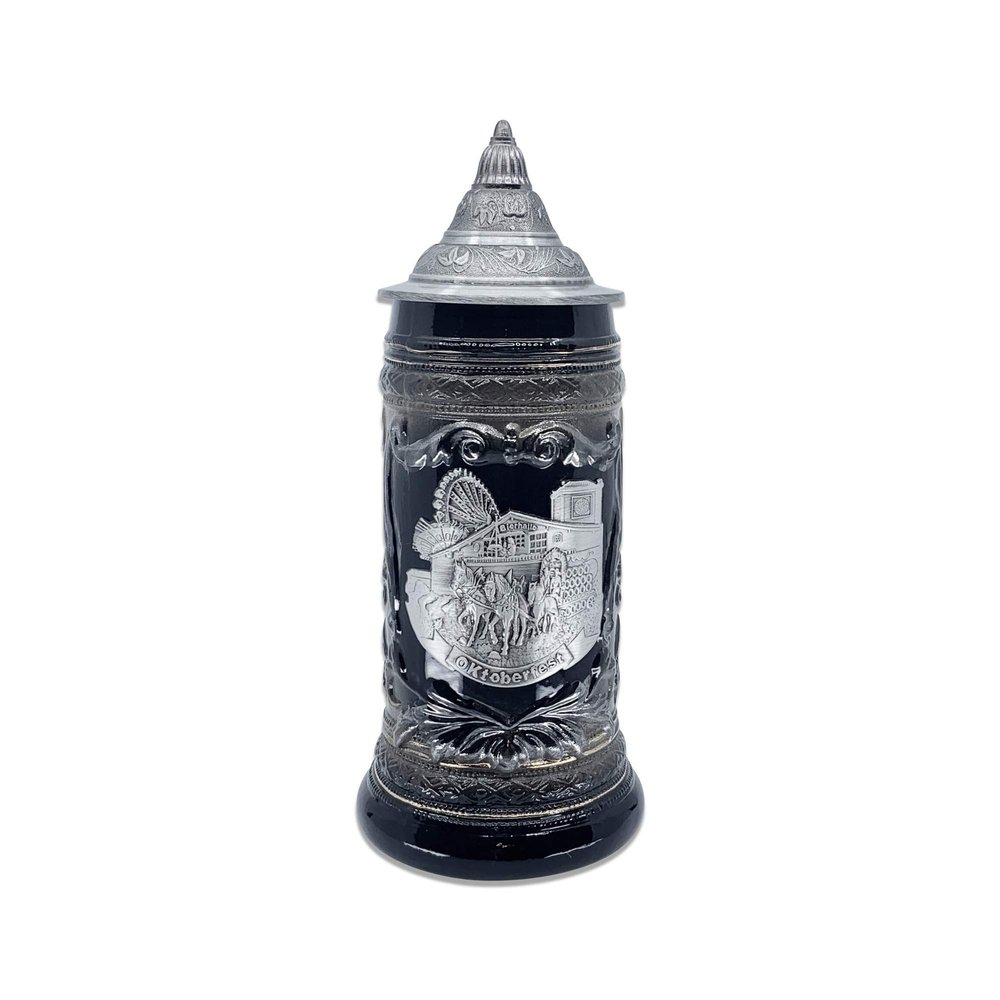 1 Liter | OktoberfestHaus Beer Stein Bier Krug Charcoal Black Ceramic Stein With Metal Medallion Of German Draft Horses and Wagon With Metal Lid Oktoberfest Souvenir and Oktoberfest Beer Mug
