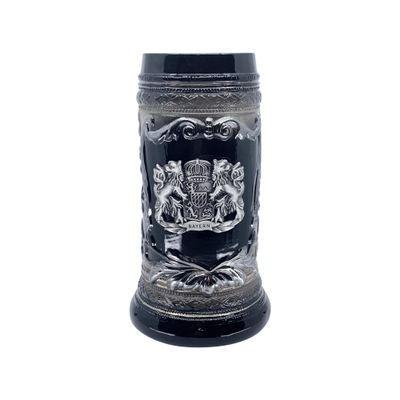 0.6 Liter | OktoberfestHaus Beer Stein Mug German Bayern Lion Coat Of Arms Bier Krug with Metal Emblem On Charcoal Black Ceramic Tankard Stein