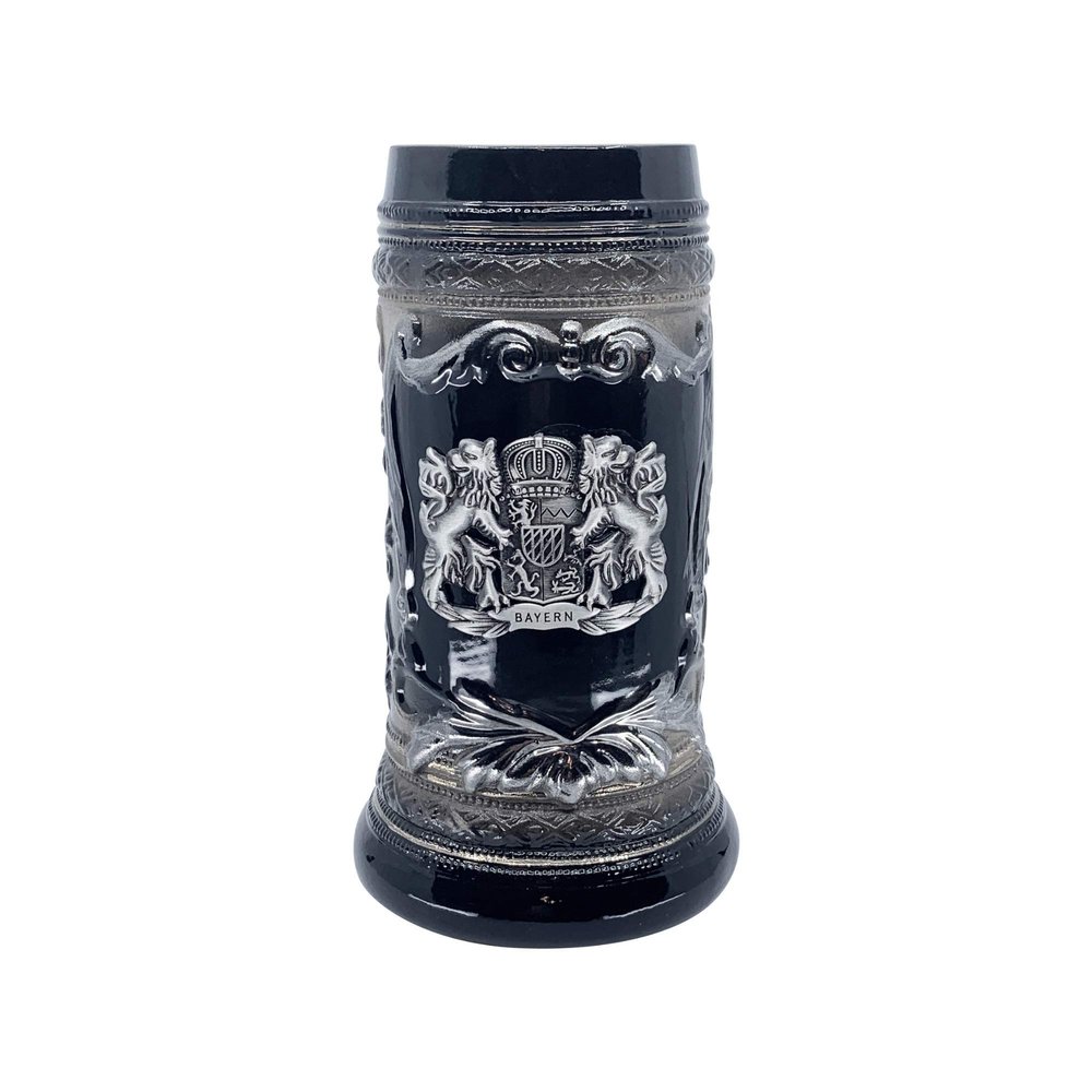 0.6 Liter | OktoberfestHaus Beer Stein Mug German Bayern Lion Coat Of Arms Bier Krug with Metal Emblem On Charcoal Black Ceramic Tankard Stein
