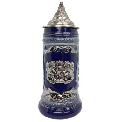 1 Liter | OktoberfestHaus Beer Stein Mug German Bayern Lion Coat Of Arms Bier Krug with Metal Emblem On Cobalt Blue Ceramic Tankard Stein With Lid Oktoberfest Beer Mug