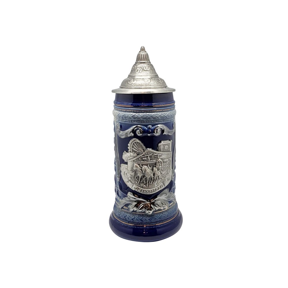 0.6 Liter | OktoberfestHaus Oktoberfest Stein Bier Krug Cobalt Blue Ceramic Stein With Metal Medallion Of German Draft Horses and Wagon With Lid Oktoberfest Mug