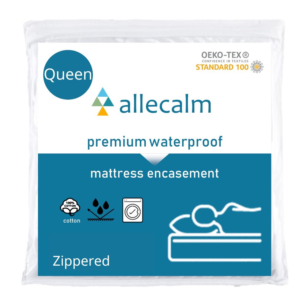 allecalm Zippered Waterproof Mattress Encasement Queen Size Premium 9-15 Inch Waterproof Mattress Cover Protectors for Bed, Dorm Room, Cotton, Breathable, Noiseless, Washable, Soft