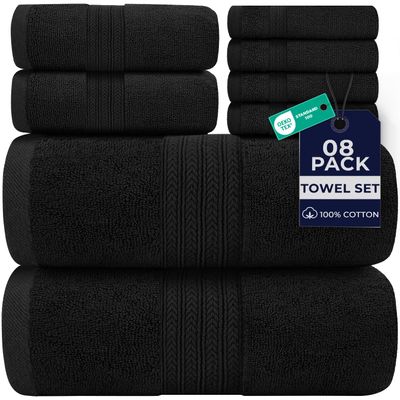 DAN RIVER 8 PC Luxury Bath Towels for Bathroom, 2 Bath, 2 Hand, and 4 Wash Cloths, 600 GSM 100% Ring Spun Cotton Towel Set, Highly Absorbent, Gym, Hotel, and Spa, Black