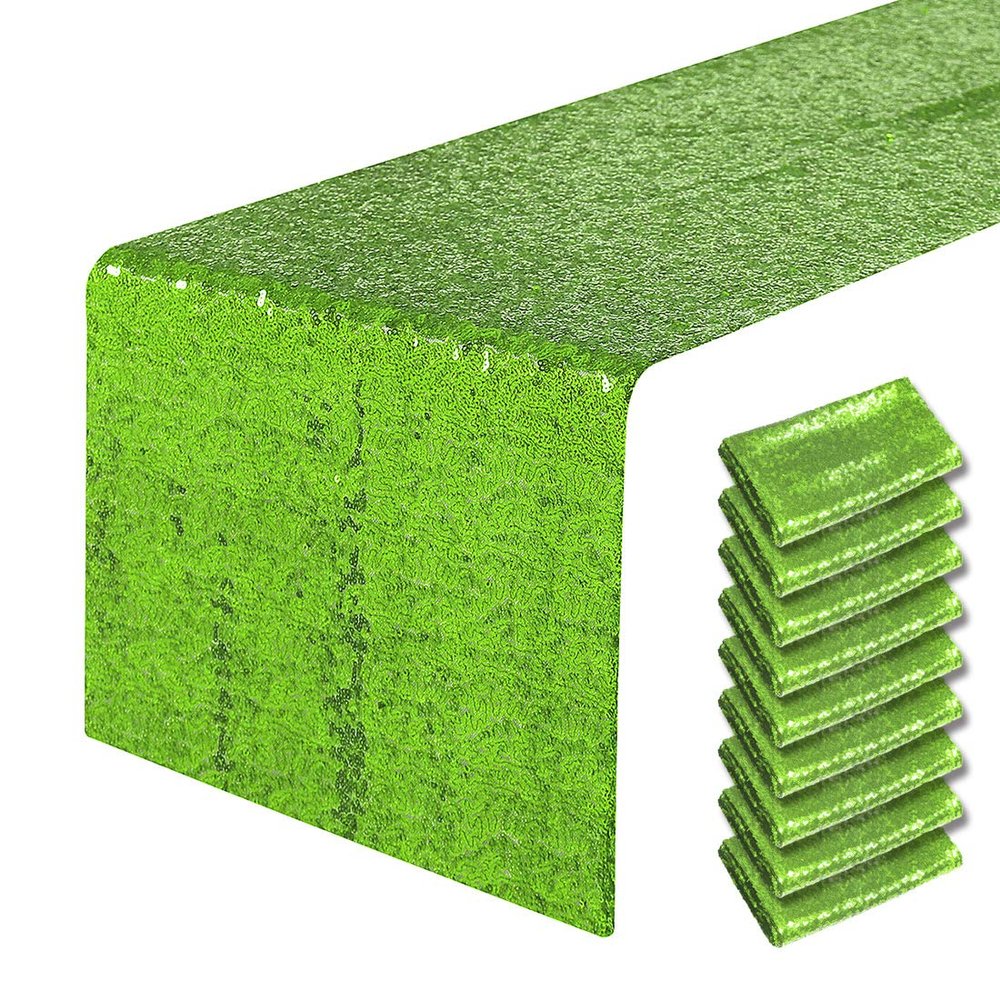 10 Packs 12 x 72 inches Green Sequin Table Runner, Glitter Runner for Birthday Party Supplies Decorations Wedding Bachelorette Holiday Celebration Bridal Shower Baby Shower