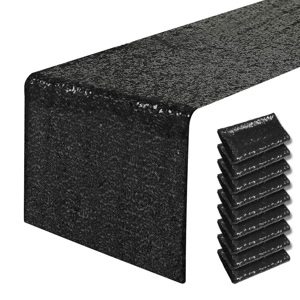 10 Packs 12 x 72 inches Black Sequin Table Runner, Glitter Runner for Birthday Party Supplies Decorations Wedding Bachelorette Holiday Celebration Bridal Shower Baby Shower