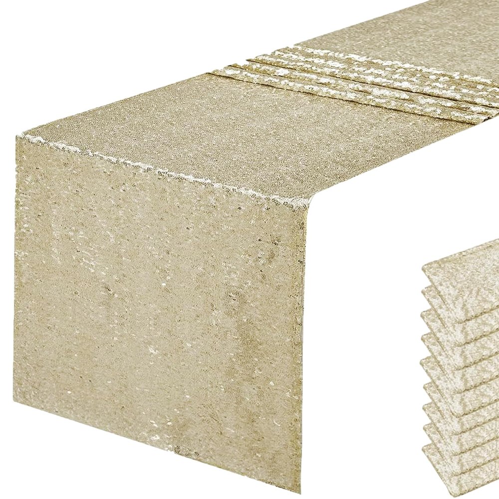 10 Packs 12 x 72 inches Champagne Sequin Table Runner, Glitter Runner for Birthday Party Supplies Decorations Wedding Bachelorette Holiday Celebration Bridal Shower Baby Shower