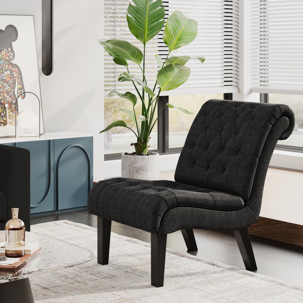 Alunaune Living Room Chair Modern Accent Chair, Upholstered Tufted Armless Bedroom Chair Sofa Backrest Fabric Recliner Lounge Chair Wood Legs-Grey