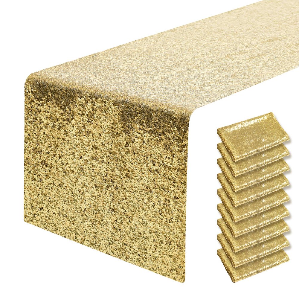 10 Packs 12 x 72 inches Gold Sequin Table Runner, Glitter Runner for Birthday Party Supplies Decorations Wedding Bachelorette Holiday Celebration Bridal Shower Baby Shower