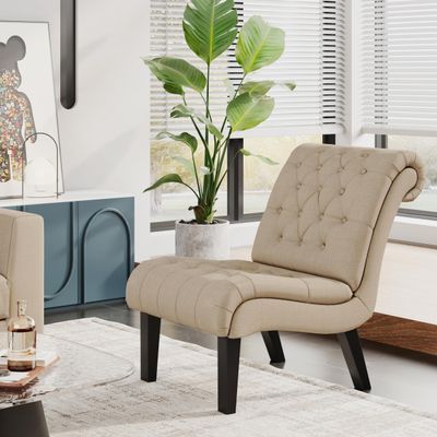 Alunaune Living Room Chair Modern Accent Chair, Upholstered Tufted Armless Bedroom Chair Sofa Backrest Fabric Recliner Lounge Chair Wood Legs-Khaki