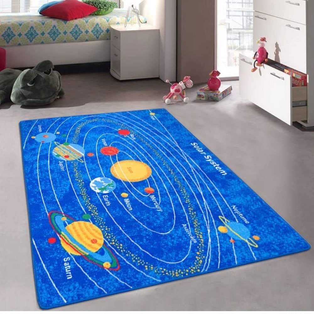 Solar Planet System Printed Contemporary Kids Area Rug (8 Feet X 10 Feet)