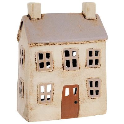 Village Pottery Ceramic Tealight Holder, Beige Grey Brown House Candle Holder Ornament for Christmas