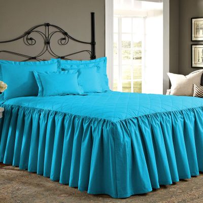 Bedding Empire 20" Drop 3 Piece Quilted Dust Ruffle Bed Skirt/Bed Spread with Pillowsham 100% Egyptian Cotton 500 TC Turquoise Calking Size