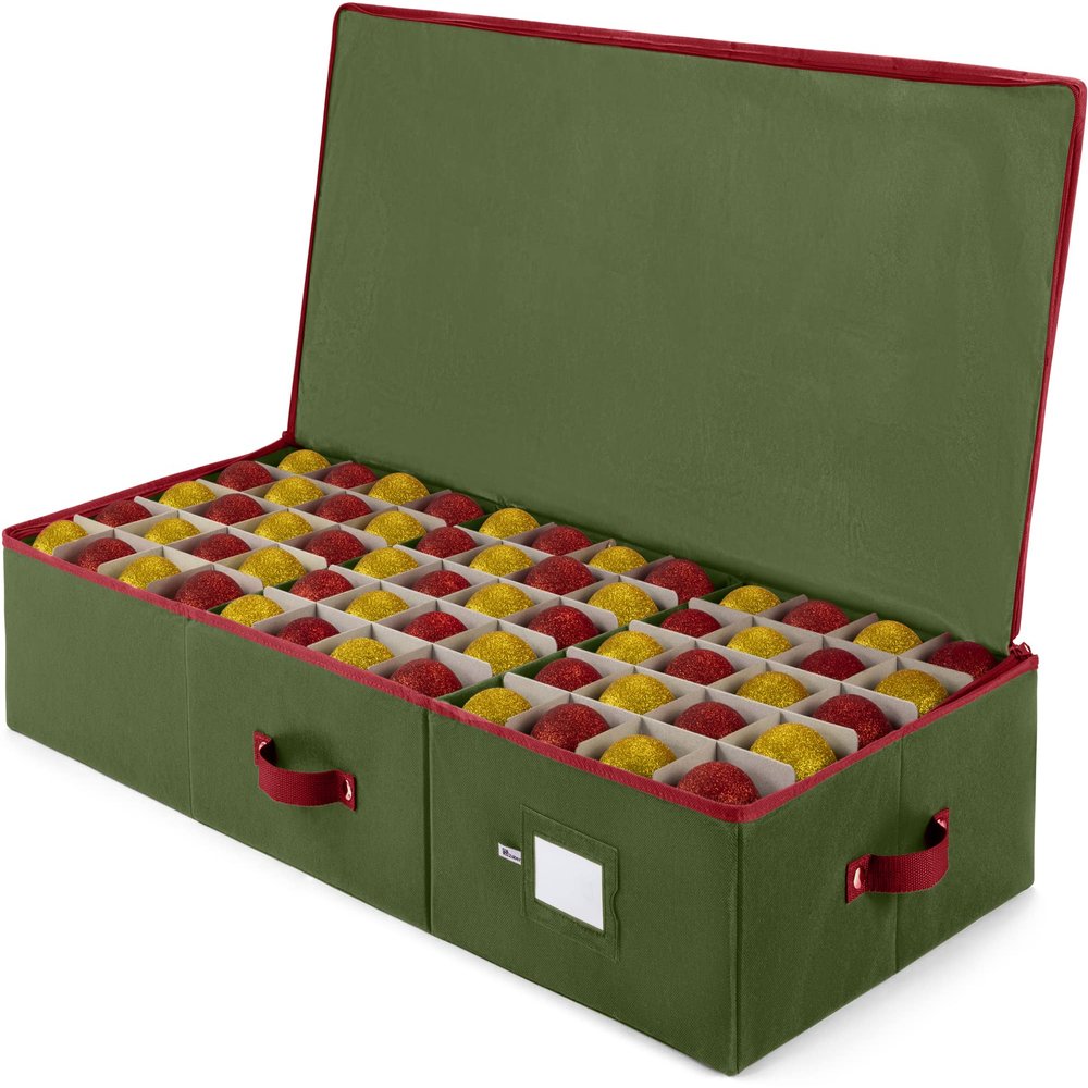 ZOBER Underbed Christmas Ornament Storage Box - Stores 120 3" Ornaments, With Dividers - Tear Proof 600D Oxford Fabric, Ornament Organizer Storage Box, Durable Christmas Containers Holder - Green