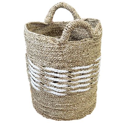 17" Gray, White, and Beige Seagrass and Raffia Basket Handcrafted with Genuine Human Touch