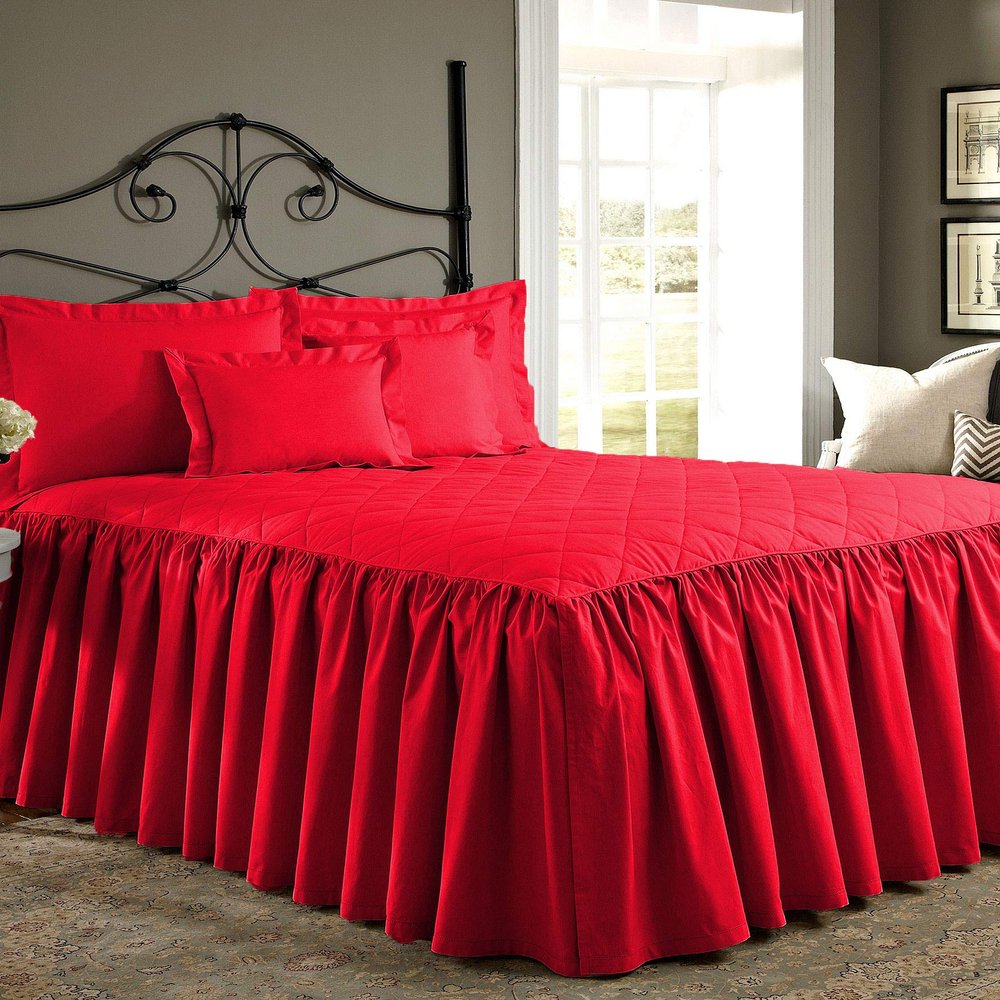 Bedding Empire 30" Drop 3 Piece Quilted Dust Ruffle Bed Skirt/Bed Spread with Pillowsham 100% Egyptian Cotton 500 TC Red Calking Size