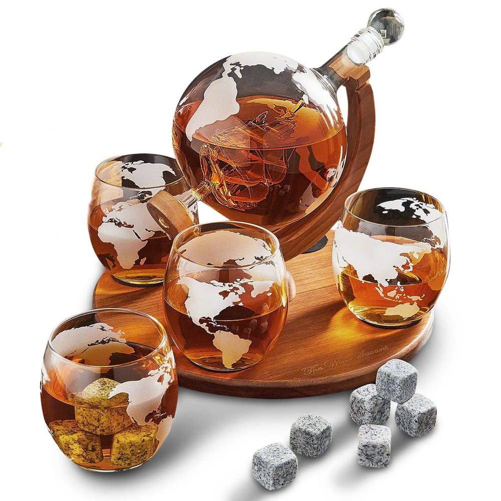 Globe Decanter Set with Etched Whiskey Glasses and Whiskey Stones for Liquor and Spirits