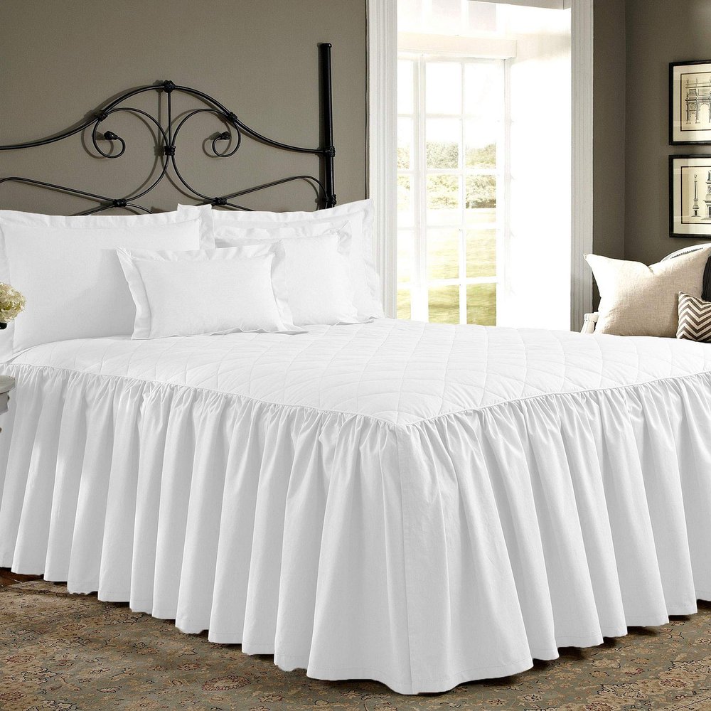 Bedding Empire 20" Drop 3 Piece Quilted Dust Ruffle Bed Skirt/Bed Spread with Pillowsham 100% Egyptian Cotton 500 TC White Twin Size