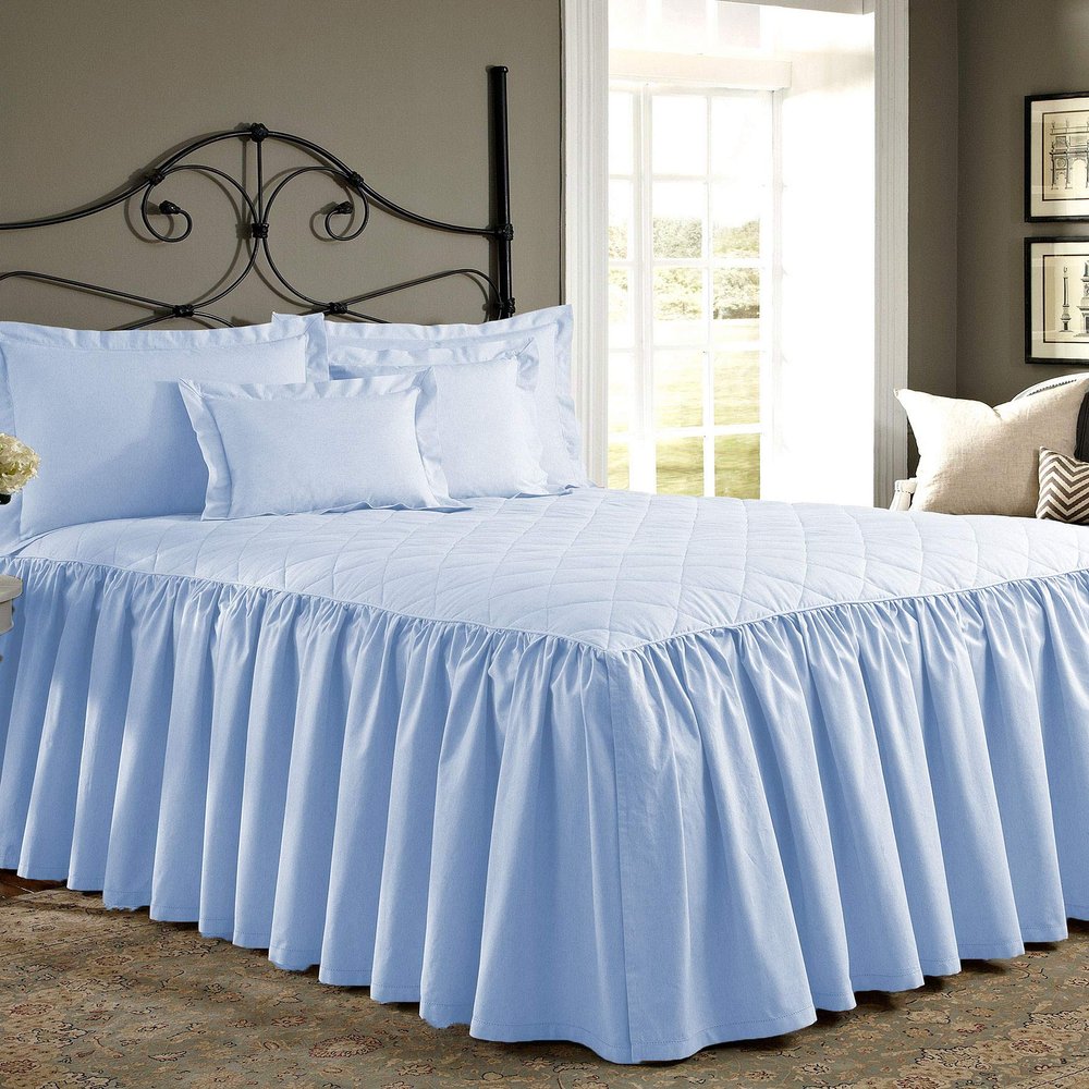 Bedding Empire 15" Drop 3 Piece Quilted Dust Ruffle Bed Skirt/Bed Spread with Pillowsham 100% Egyptian Cotton 500 TC Baby Blue Twin XL Size