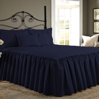 Bedding Empire 20" Drop 3 Piece Quilted Dust Ruffle Bed Skirt/Bed Spread with Pillowsham 100% Egyptian Cotton 500 TC Navyblue Calking Size