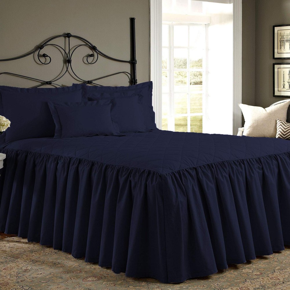 Bedding Empire 20" Drop 3 Piece Quilted Dust Ruffle Bed Skirt/Bed Spread with Pillowsham 100% Egyptian Cotton 500 TC Navyblue Calking Size