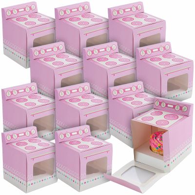Fun Express Oven Cupcake Favor Boxes  Adorable & Convenient Boxes for Cupcakes Treats & Small Gifts  Perfect for Birthday Parties Weddings & Special Occasions  Easy to Assemble  12 Pieces - Pink