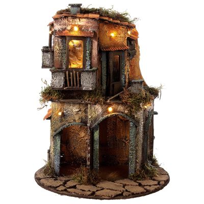 Holyart Illuminated Apartment Block with Round Base 25x25 cm, Neapolitan Nativity