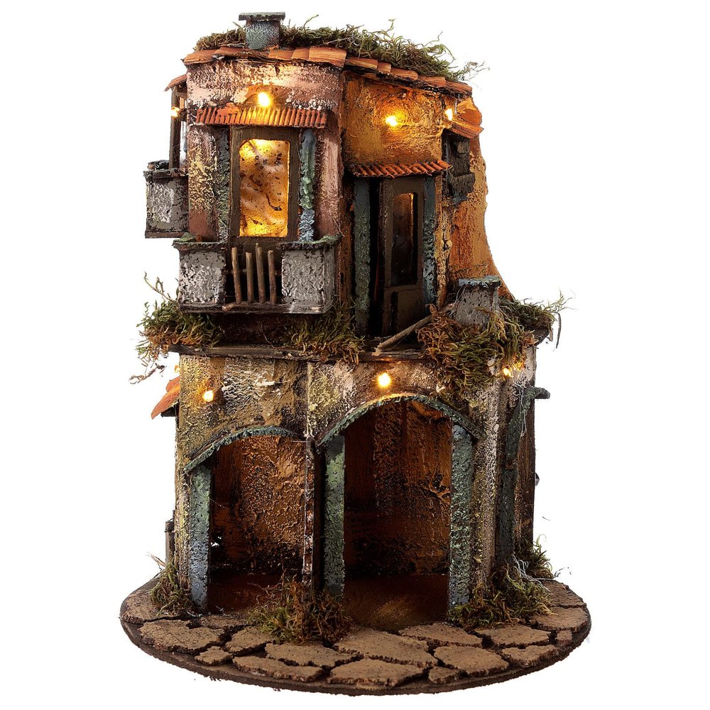 Holyart Illuminated Apartment Block with Round Base 25x25 cm, Neapolitan Nativity