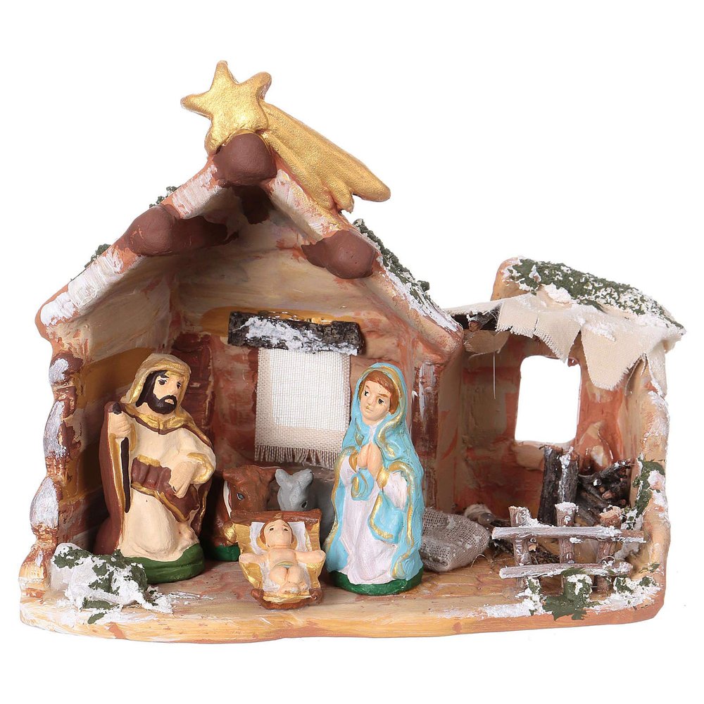 Holyart Stable 15x15x10 cm, with 6 cm Nativity in Painted Deruta Terracotta