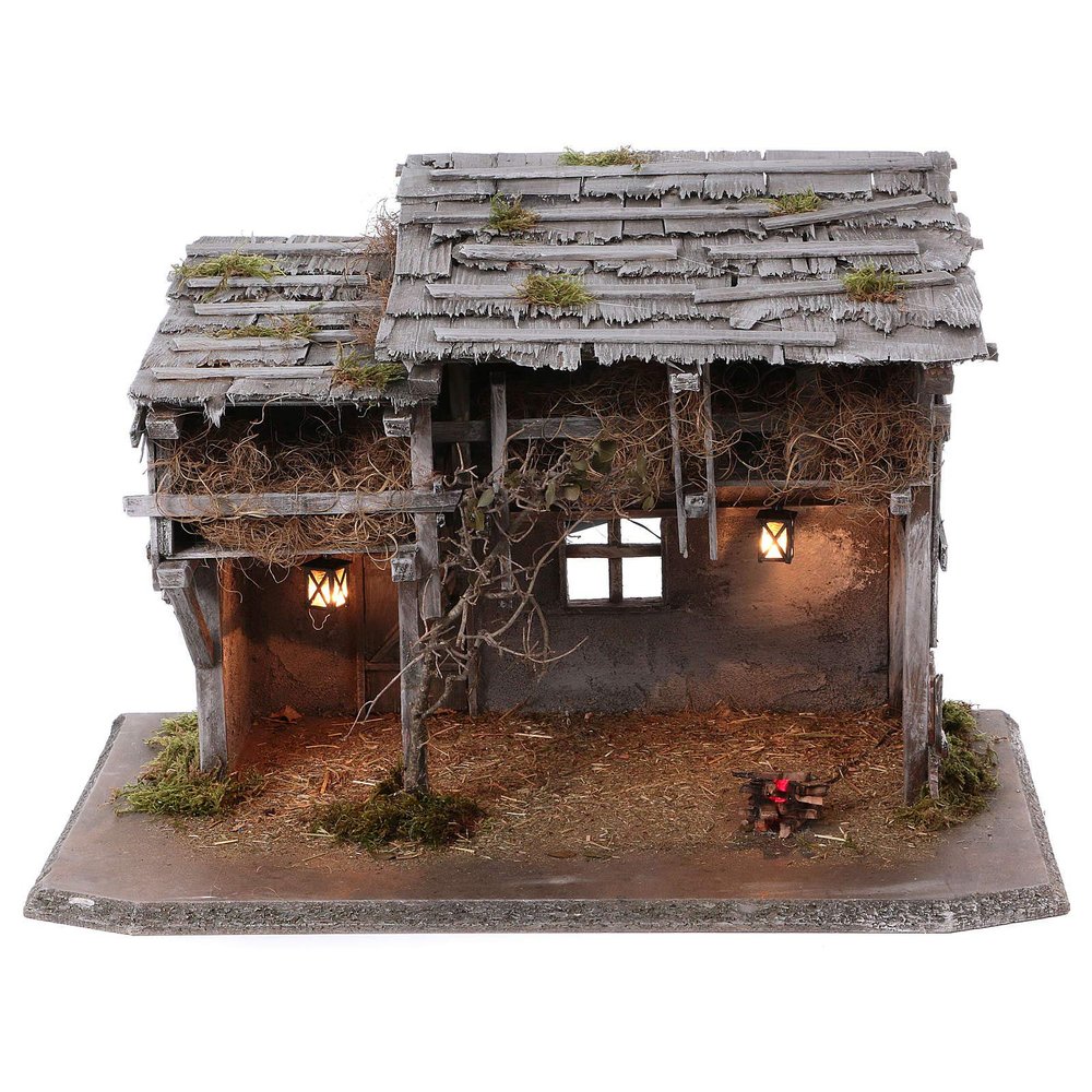 Holyart Nativity Stable, Luhe Model in Wood with Lights and fire, for 14-15 cm Nativity