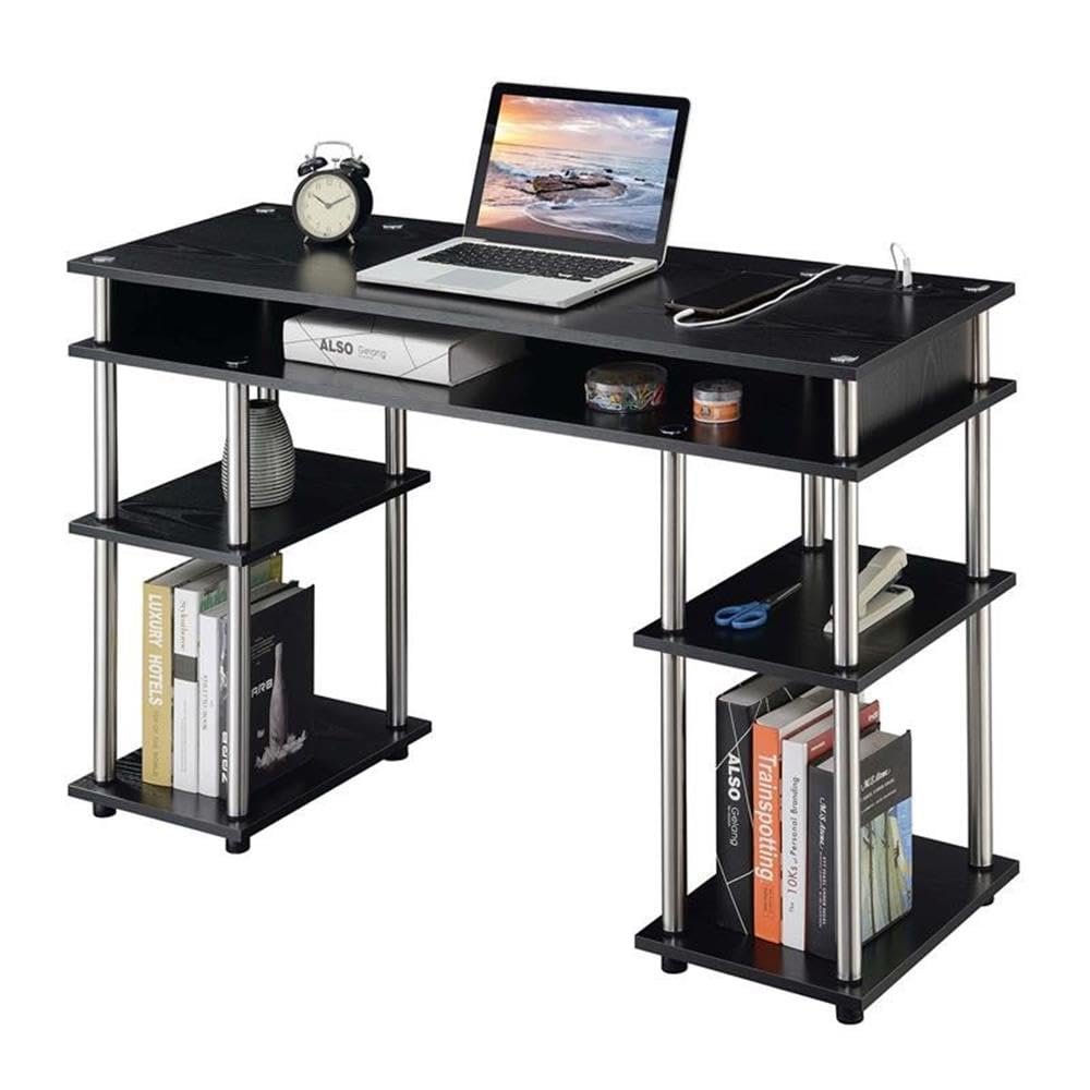 Convenience Concepts Designs2Go No Tools Student Desk with Charging Station and Shelves, Black