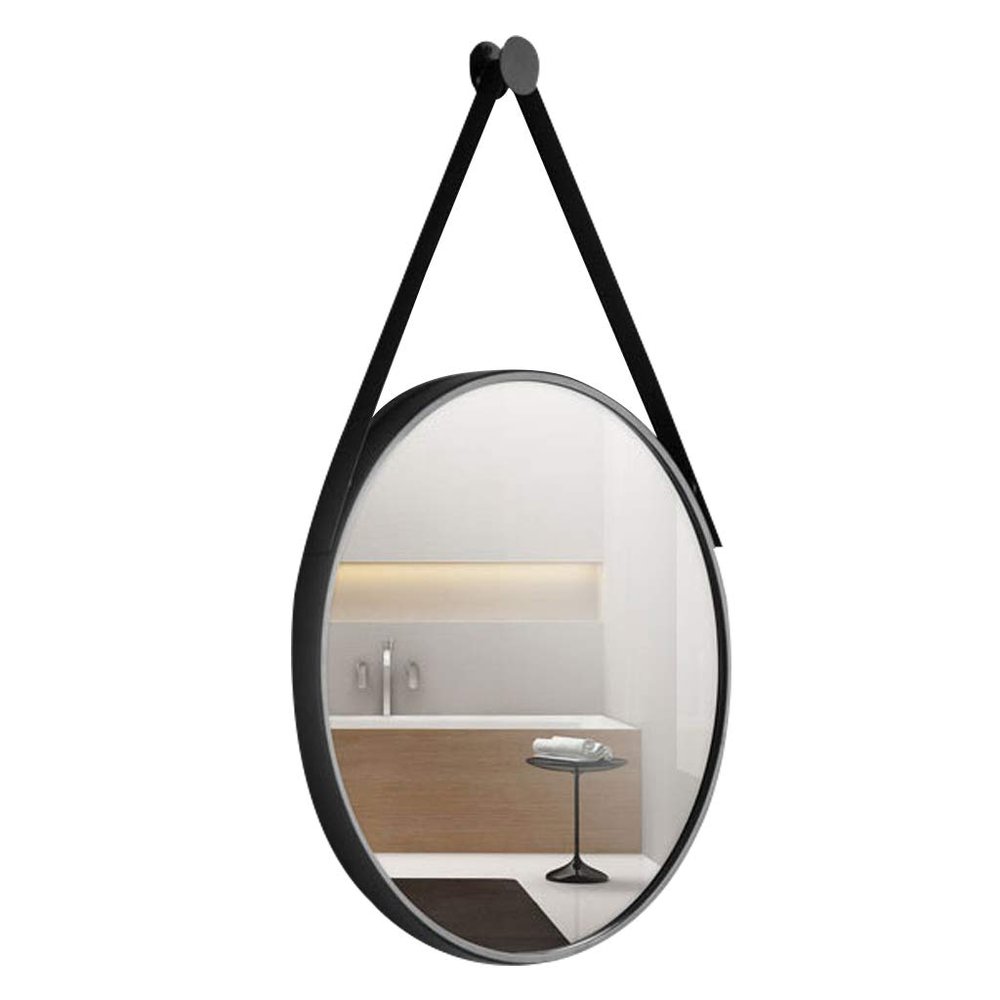 15.7 Inch Gold Wall Hanging Mirror Decor Round Mirror Wall-Mounted Circle Metal Mirror with Wrought Iron Chain for Home Bathroom Bedroom,Black