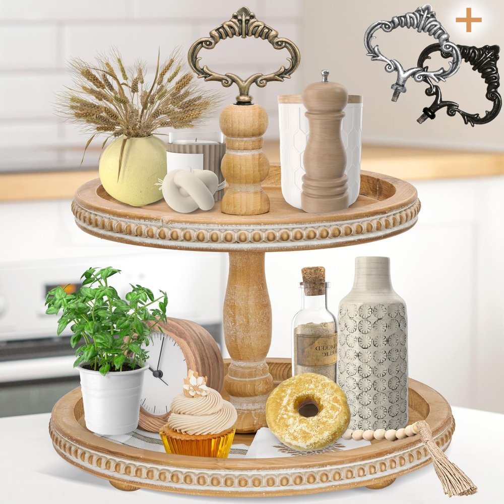 2 Tiered Tray Wooden Serving Stand by Felt Creative Home Goods. Small Beaded Tray for Home Decor Display Farmhouse Country Decoration Kitchen or Dining. Includes 3 Finial Custom Handles (Brown)