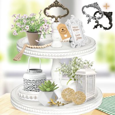 2 Tiered Tray Wooden Serving Stand by Felt Creative Home Goods. Small Shabby Chic Beaded Tray for Home Decor Display Farmhouse Country Decoration Kitchen or Dining. Includes 3 Custom Handles (White)