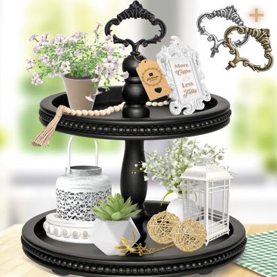 2 Tiered Tray Wooden Serving Stand by Felt Creative Home Goods. Small Beaded Tray for Home Decor Display Farmhouse Country Decoration Kitchen or Dining. Includes 3 Finial Custom Handles (Black)