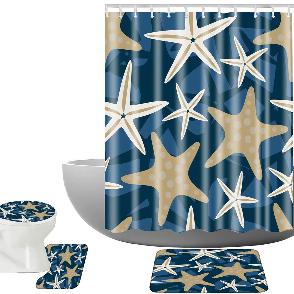 Amagical Beige Starfish on Blue Background Sea Stars Pattern 4 Piece Bathroom Mat Set Shower Curtain Set Bath Mat Contour Mat Toilet Cover Shower Curtain with 12 Hooks