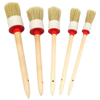 Wakauto 5pcs Pig Hair Auto Detailing Brush for Car Care Soft Bristle Round Head Cleaning Brush for Wheels Air Vents and Interior White Bristle