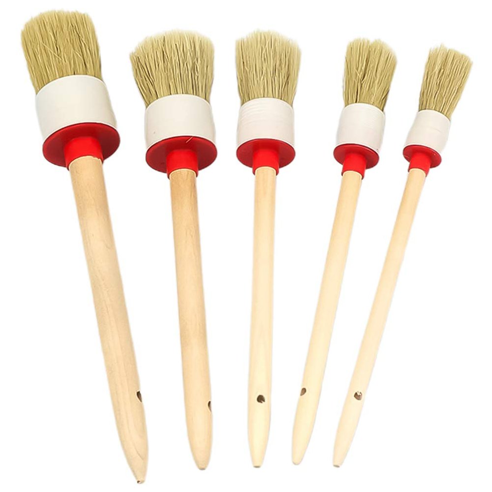 Wakauto 5pcs Pig Hair Auto Detailing Brush for Car Care Soft Bristle Round Head Cleaning Brush for Wheels Air Vents and Interior White Bristle