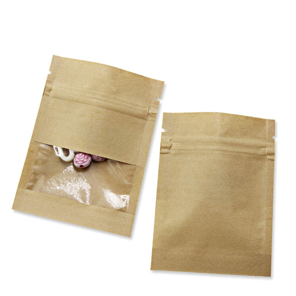 PABCK 500 Pack 2.7x3.5inch (Inner Size 2.36x2.36 inch) Clear WindowBrown Kraft Paper for Zip Seed Packets Lock Food Storage Bags Zipper Lock Seeds Envelopes Resealable Heat Seal Pouch Coffee Packet