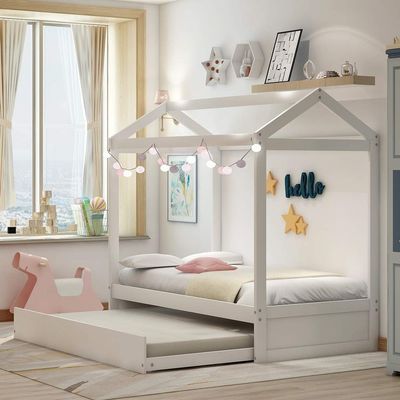 MERITLINE Twin House Bed for Kids with Trundle, Twin Size Bed Frame, House Daybed, No Box Spring Needed, White