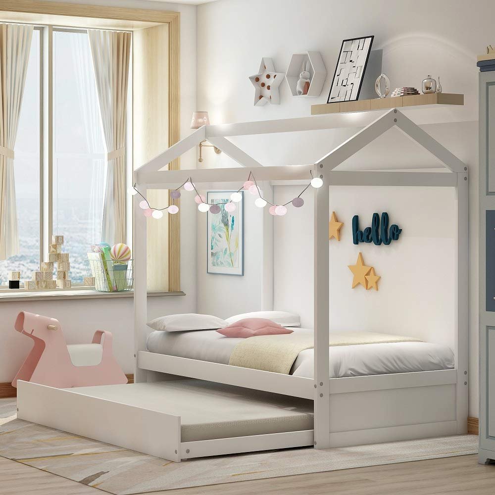MERITLINE Twin House Bed for Kids with Trundle, Twin Size Bed Frame, House Daybed, No Box Spring Needed, White