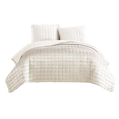 Benjara 3 Piece Queen Size Coverlet Set with Stitched Square Pattern, Cream