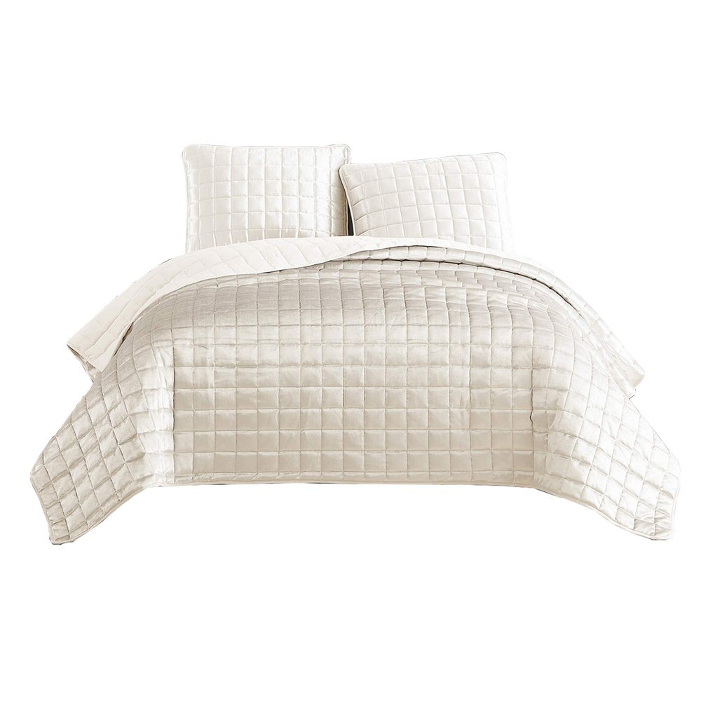 Benjara 3 Piece Queen Size Coverlet Set with Stitched Square Pattern, Cream